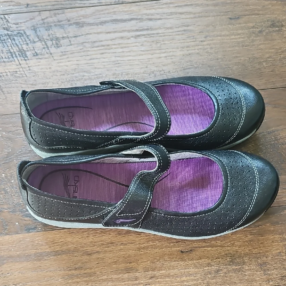 Dansko Black Mary Jane Flats with Purple Insole